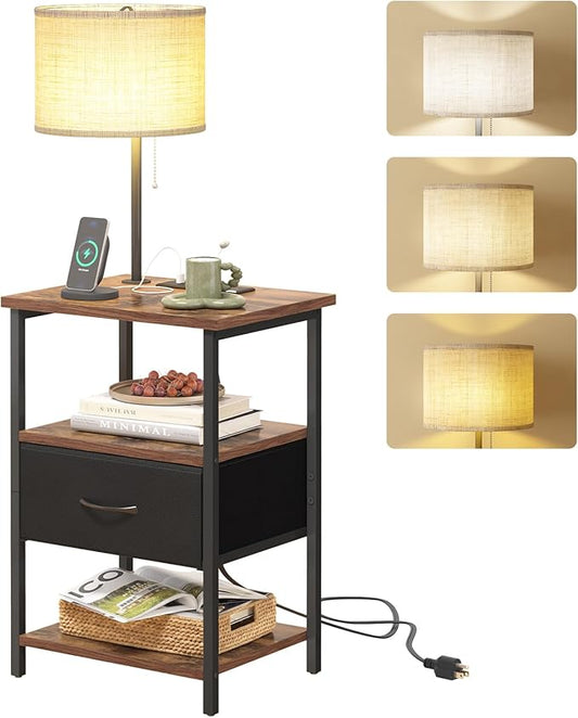 Fixwal Nightstand with LED Lights Bedside Table with 3 Color Temperatures Bulb, Tall NightStand with Charging Station End Table with Adjustable Fabric Drawer for Bedroom Dorm