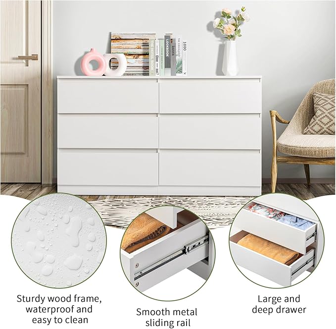 White Dresser for Bedroom,55'' Modern Large 6 Drawer Dresser with Deep Drawer,Storage Wide Chest of Drawer,Wood Bedroom Storage Furniture with No Handle Design