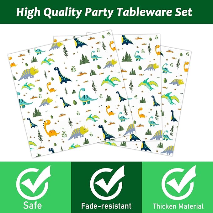 Wiooffen 96 Pc Dinosaur Party Plates, Napkins, Watercolor Birthday Tableware Supplies Set - Cartoon Dinosaur Disposable Dinnerware Decoration for 24 Guests