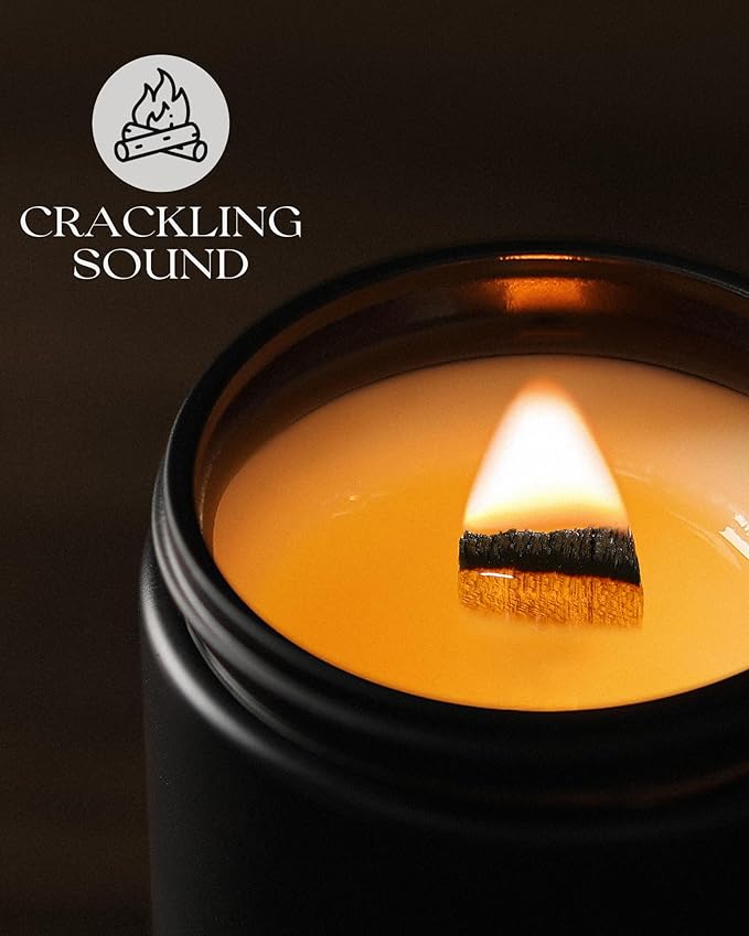 AOOVOO Scented Candles for Men - Large 22oz 120 Hours of Burn Time, Smoke & Vanilla Candles for Home Scented | Crackling Wood Wick Soy Candle | Strong Fragranced Black Candle Gift for Women & Men