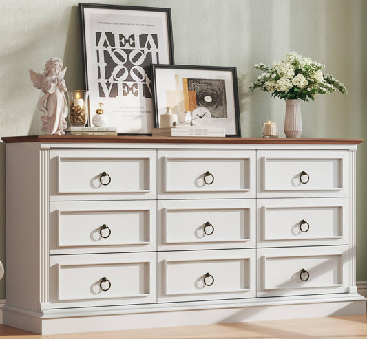 HUAHUU Farmhouse 9 Drawer Dresser for Bedroom, 60" Wide Wood Dresser with Roman Column, Chest of Drawers with Antique Bronze Circle Handles, Storage Organizer for Living Room, Hallway, Entryway, White