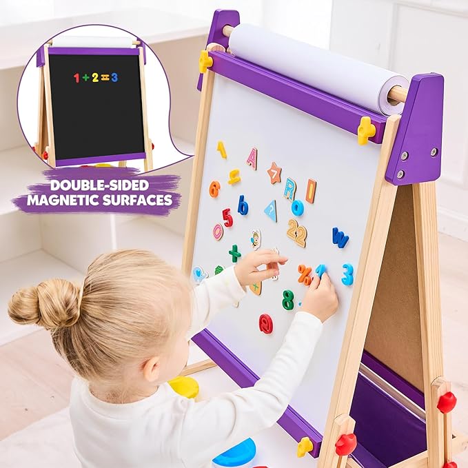 Easel for Kids, Adjustable Standing Art Easel with Magnetic Chalkboard & Whiteboard, Dry-Erase Board, Paper Roll, Drawing & Painting Easel for Kids Ages 3 4-8 9-12, Purple w/Bag