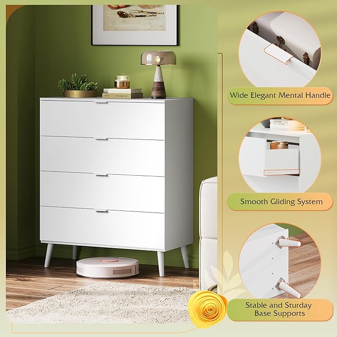 WLIVE 4 Drawer Dresser for Bedroom, Tall Wood Dresser, Modern White Dressers with Sturdy Metal Handle, Small Chest of Drawers for Living Room, Hallway