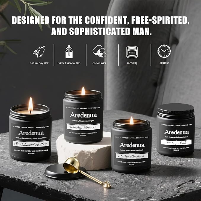 Mens Candle Set – Manly Candles for Men, 4 Pack Soy Candles for Home Scented, Masculine Candle Gift Set - Includes Sandalwood Leather, Whiskey Tobacco, Amber Patchouli & Vintage Oak