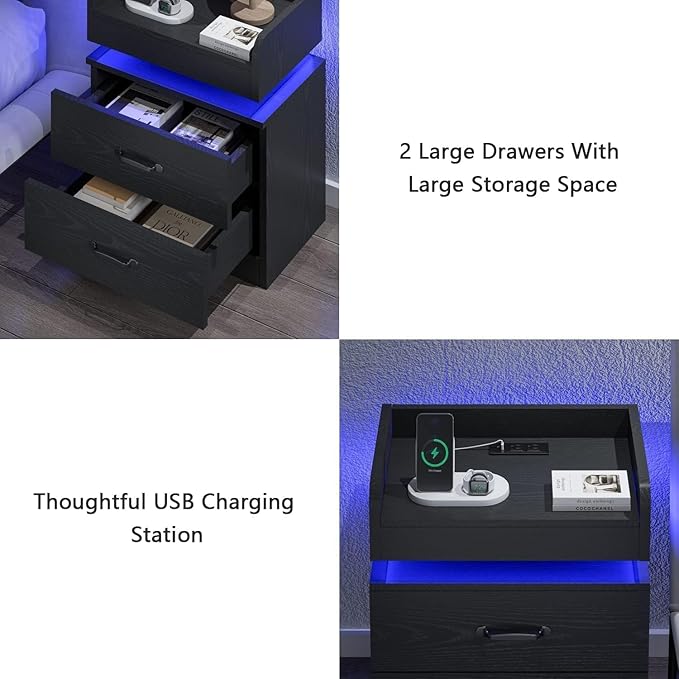 Black Nightstand with Charging Station, Night Stand with LED Lights, Modern Led End Table, Nightstand for Bedroom, Night Stand with 2 Drawers, Bed Side Table with Storage for Living Room