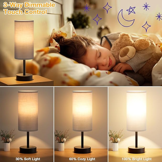 Grey Touch Bedside Lamp with USB - 3 Way Dimmable Table Lamp for Bedroom, Nightstand Lamp with Black Charging Station for Desk Dorm, Office, Boy Kids Room, Small