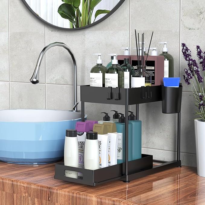 Under Sink Organizers and Storage, 2 Pack Large Capacity Heavy Load Pull-out Under Sink Shelves with Sliding Drawer for Kitchen and Bathroom, Black, 12 x 8.7 x 15.7 inch