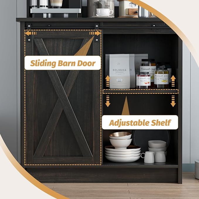 4ever2buy Farmhouse Coffee Bar Cabinet with Sliding Barn Door, 50'' Farmhouse Buffet Cabinet with 6 Hooks, Coffee Bar with Hutch for Living Dining Room, Dark Oak