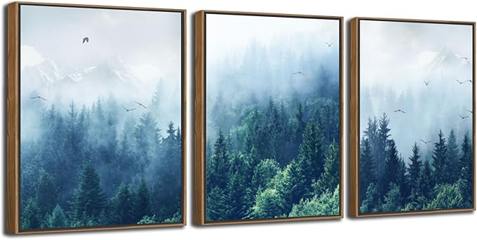 Arjun Forest Wall Art Misty Tree Indigo Blue Landscape Canvas Painting Mountain Pine Tree Nature Birds Pictures Scenery Framed for Living Room Bedroom Bathroom Home Office Wall Decor, 12"x16"x3 Panels