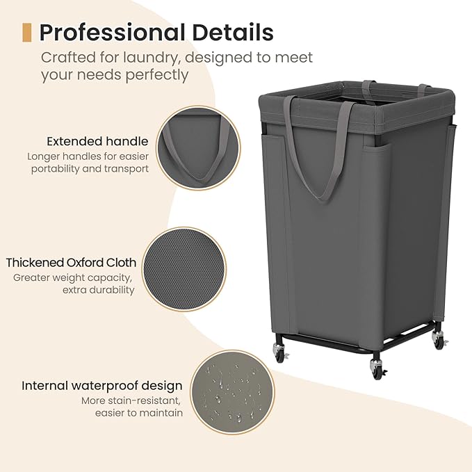 Laundry Basket with Wheels, Laundry Hamper with Removable Bag and Steel Frame, 160L Rolling Dirty Clothes Basket for Bedroom, Bathroom, Laundry Room (Gray)