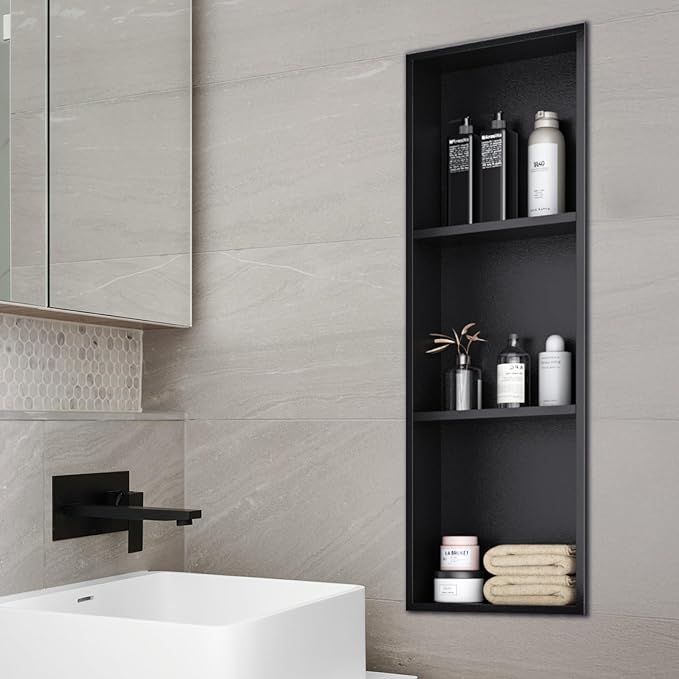 Stainless Steel Shower Niche 12" X 36"，3-Tier Recessed Wall Niche No Tile Needed Shower Shelf for Bathroom Storage (4x12x36 Black)