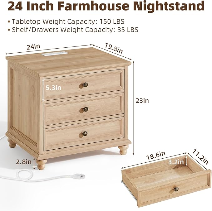 Farmhouse Nightstand Set of 2 with Charging Station, 24" Wide End Table with 3 Drawers,Dresser for Bedroom,Bed Side Table Chest of Drawers Cabinet,Wood Natural Night Stand for Living Room