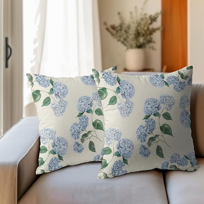 Kawani Blue Hydrangea Pillow Covers 24x24 Inch Set of 2 Blue Floral Outdoor Decorative Throw Pillow Covers Rustic Flower Pillowcases Spring Summer Cushion Covers for Home Couch Decor