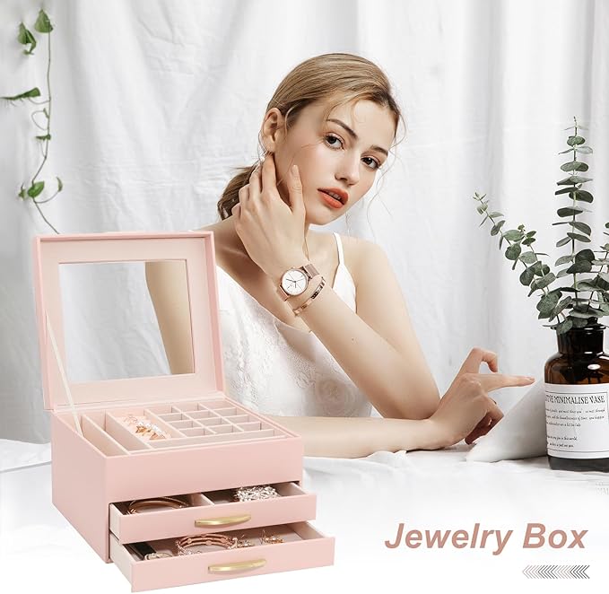 Jewelry Holder Organizer,3 Tiers Leather Jewelry Set Box with 2 Drawers,Jewelry Box for Women Girls,Large Capacity Jewelry Holder Box (Pink)