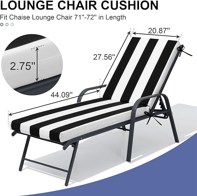 Crestlive Products Chaise Lounge Cushions Set of 2, Outdoor Cushions for Patio Furniture, Water Resistant Lounge Chair Cushion for Pool, Deck, Lawn, 72''L x 21''W, Black White Stripe