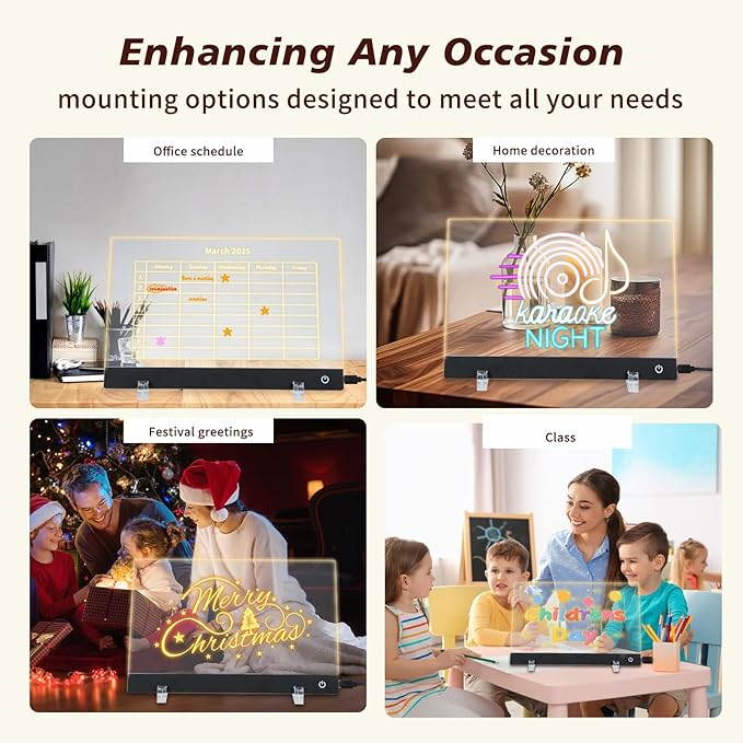 LED Note Board with Colors, 11.8"X7.9" 4 Modes &6 Colors Acrylic Dry Erase Board with Light, Include Adapter, Hanging Chain, Led Drawing Board for Kids with Stand, 7 Markers