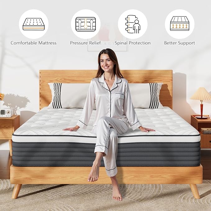 Queen Mattress, 14 Inch Queen Size Mattress in a Box, Hybrid Memory Foam Mattresses with Pocket Spring for Lumbar Support & Pressure Relief & Motion Isolation, Medium Firm, CertiPUR-US Certified