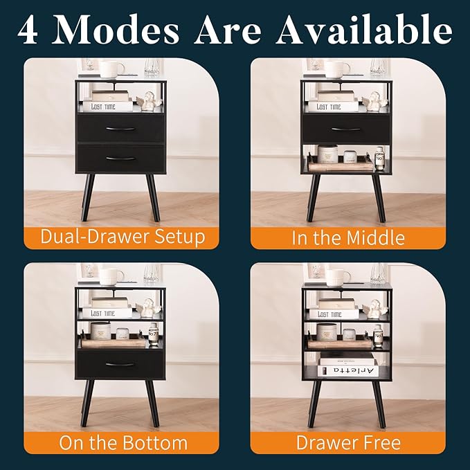 Yoobure LED Night Stand with Charger Station, Mid Century Modern Nightstand with Fabric Drawers, Bedside Table Nightstands with Storage Shelf, Bed Side Table Small Night Stands for Bedroom Living Room