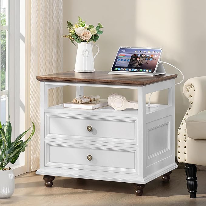 Farmhouse Nightstand with Charging Station, 24" Wide End Table with 2 Drawers,White Wood Dresser for Bedroom, Bed Side Table Chest of Drawers Cabinet,Night Stand for Living Room, Closet