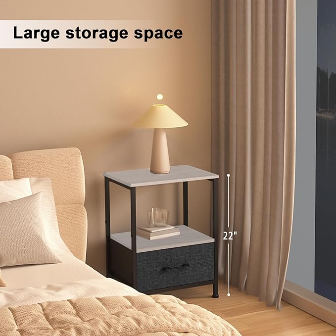 Side Table with Fabric Drawers,2-Tier Nightstand,End Table with Open Shelf for Bedroom, Living Room, Kitchen, Entryway, Grey Wash