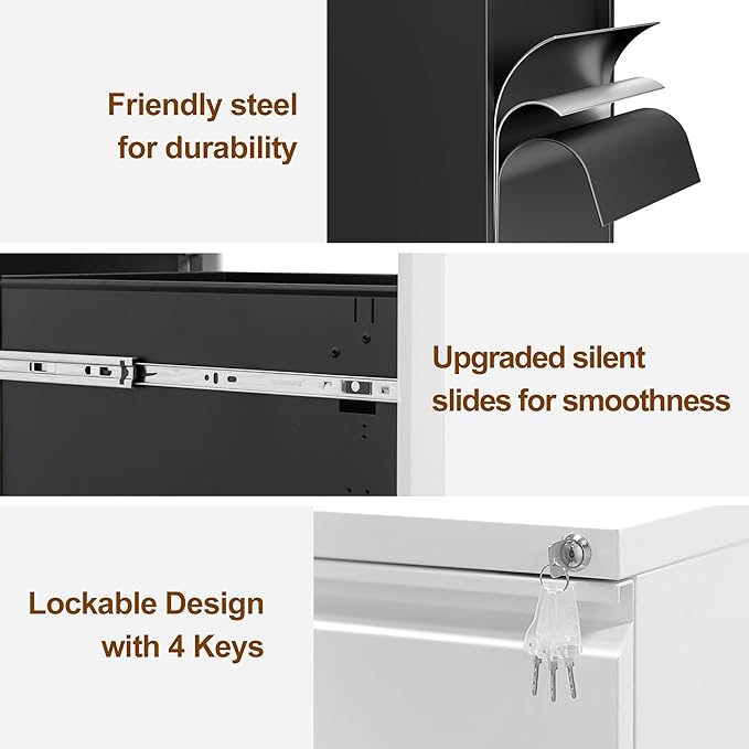 Metal Mobile File Cabinet with Lock and 4 Keys - Fully Assembled, Under Office Desk 2 Drawers Filing Cabinet for Home Office with Anti-tilt Wheels, A4/Legal/Letter Hanging File Drawers