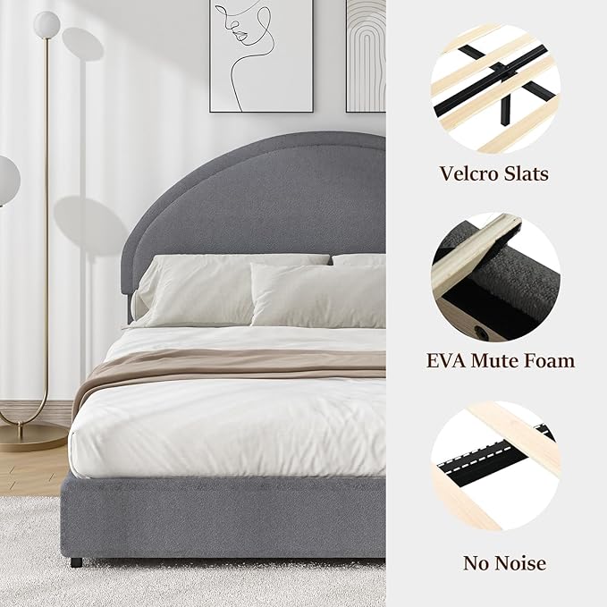 Queen Bed Frame, Upholstered Platform Bed with Headboard, Boucle Bed Frame with Round Conner, No Box Spring Required, Easy Assembly, Grey
