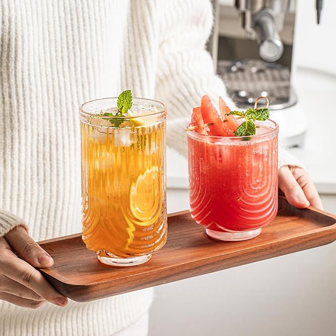 INSETLAN Vintage Glassware Arch Design Glass cups Set of 4, Fashioned Ripple Glassware Highball Glass, Classic Transparent Cocktail Glasses, for Bar Beverages Ice Coffee Juice Water (4pcs-L)