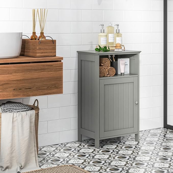 Tangkula Bathroom Storage Cabinet, Freestanding Wooden Single Door Side Floor Organizer with Adjustable Shelf, Small Bathroom Cabinet for Small Spaces, Living Room (Grey)