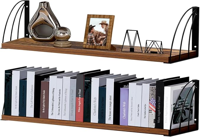 Long 36 inch Rustic Brown Floating Book Shelves for Wall - Curved Fan-Shaped Design with Built-in Anti-Slip Book Stops|0.71" Thick MDF Heavy Duty Floating Bookshelves|Wall Bookshelf for Books Set of 2