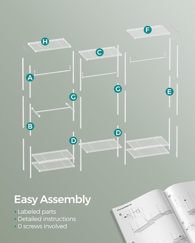 SONGMICS Portable Wardrobe Closet Heavy Duty Clothes Rack, Freestanding Closet Organizer, Metal Garment Rack with Adjustable Wire Shelves, Hanging Rods, Hooks, Dividable, Cloud White ULGR431W01