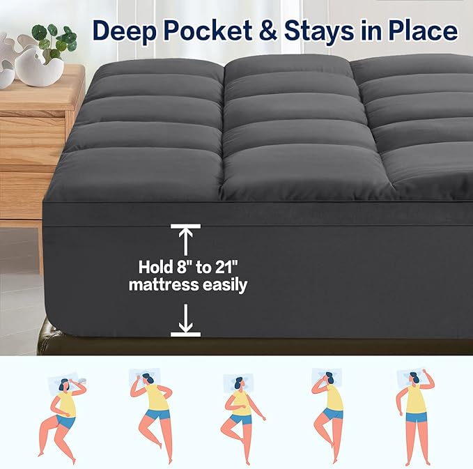 SOPAT Mattress Topper Twin XL Size Extra Thick Mattress Pad 8-21" Deep Pocket Soft Down Alternative Fill Mattress Protector Pillow Top Mattress Cover (39x80 Inches, Dark Grey)