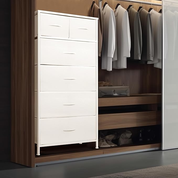 Tall Dresser for Bedroom, Vertical Storage Organizer Tower with 6 Drawers, Chest of Drawers with Fabric Bins, Steel Frame, Wood Top for Bedroom, Closet, Entryway- White
