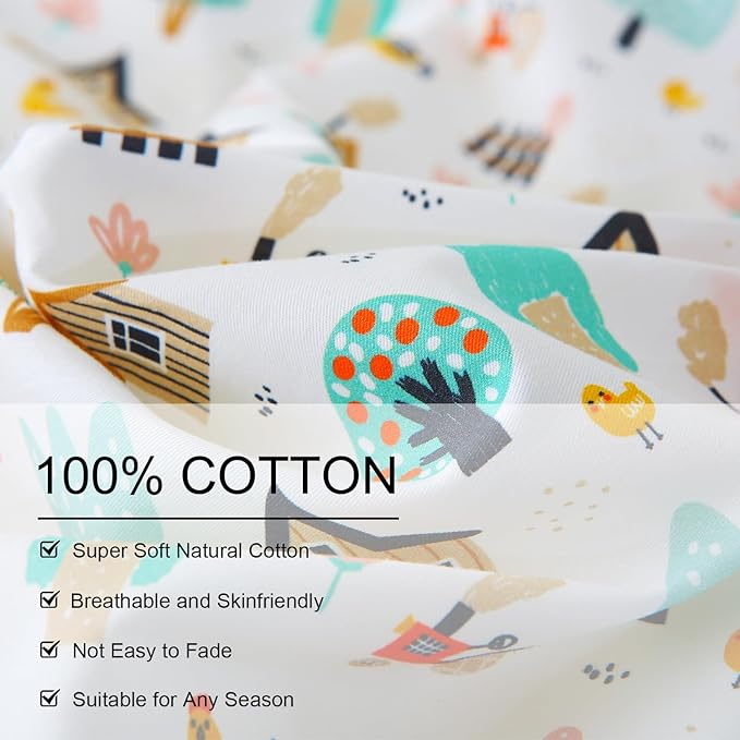 Ivellow Twin Duvet Cover for Kids Cartoon 100% Cotton Kids' Duvet Cover Sets Cottage Farm House Car Patterned Duvet Cover Ultra Soft Breathable Cute Toddler Bedding Set Zipper Closure Boys Girls Teens
