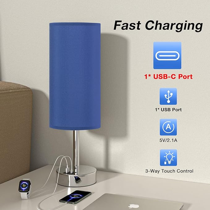 Navy Blue Touch Lamp for Boys - Small Nightstand Lamp with USB-C and USB Charging Ports, 3 Way Dimmable Bedside Table Lamp with Fabric Shade Silver Base for Nursery, Dorm, Office, Reading