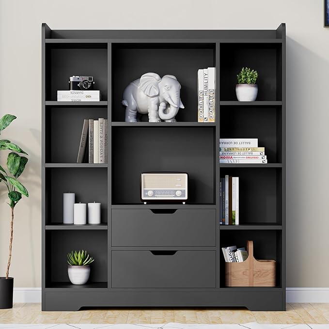 Cozy Castle Kids Bookshelf with Storage, Toy Storage Organizer with 2 Drawers and 10 Cubes 4-Tier Bookcase for Bedroom, Playroom, Hallway, Living Room(Black)