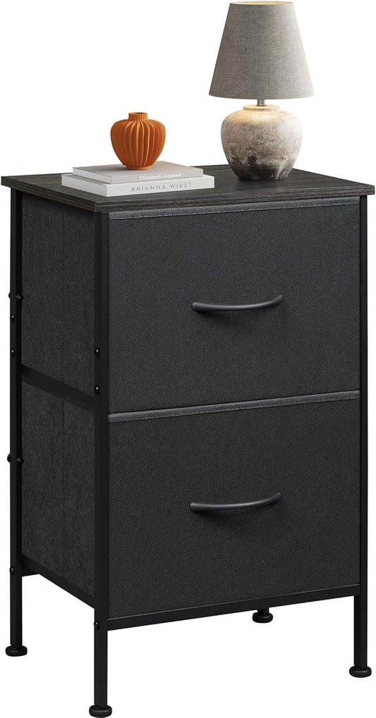 WLIVE Black Night Stand, Nightstand with 2 Drawers, Small Dresser for Bedroom, Bedside Table Furniture, College Dorm, End Table with Fabric Bins, Size L 24.9" H