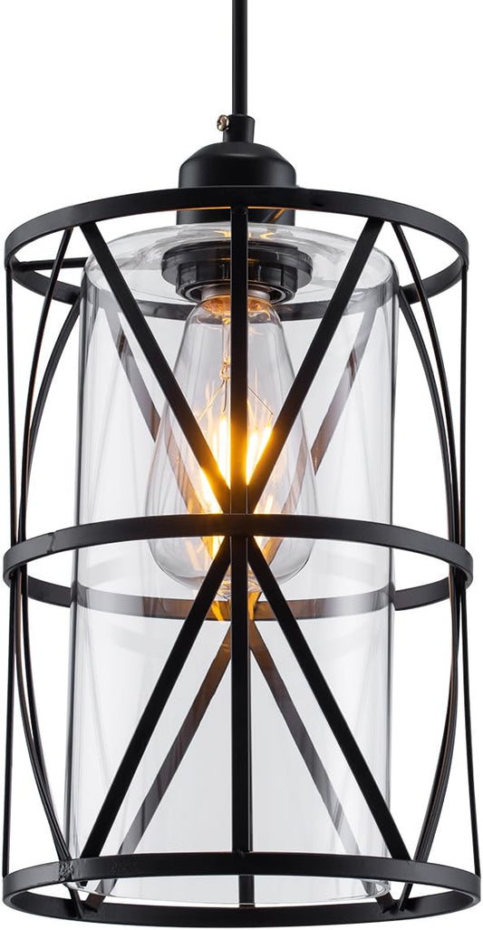 Black Industrial Metal Pendant Light with Clear Glass Shade, Transitional Cylinder Pendant Lighting Fixture for Kitchen Island Sink Counter Dining Room