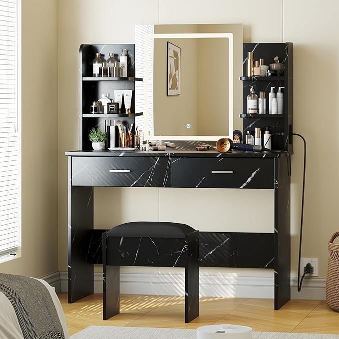 Garvee Vanity Desk with Lights | Tri-Mode LED Lighted Mirror & Charging Station | Makeup Vanity Set with 6 Shelves, 2 Drawers, Soft Cushion Stool | Dimmable Vanity Desk for Bedroom (Marble Black)