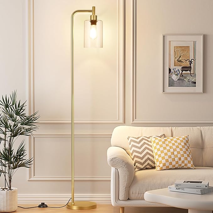 Floor Lamps for Living Room - Industrial Standing Lamp with Glass Shade, Modern Gold Floor Lamp with LED Bulbs, Farmhouse Floor Lamp for Bedroom, Tall Lamp for Office - Gold