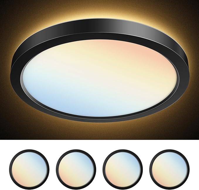 PARMIDA 12 Inch LED Flush Mount Ceiling Light with Night Light, 30W, ETL, 5 Color Selectable 2700K/3000K/3500K/4000K/5000K, 2400LM, Dimmable, Ultra Thin Round Modern Flat Panel, Black Finish - 4 Pack