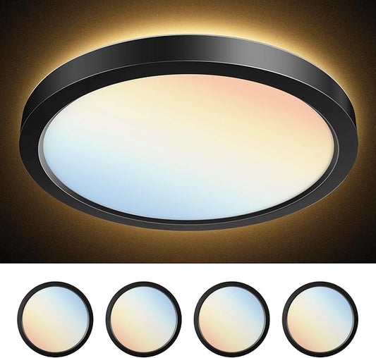 PARMIDA 12 Inch LED Flush Mount Ceiling Light with Night Light, 30W, ETL, 5 Color Selectable 2700K/3000K/3500K/4000K/5000K, 2400LM, Dimmable, Ultra Thin Round Modern Flat Panel, Black Finish - 4 Pack