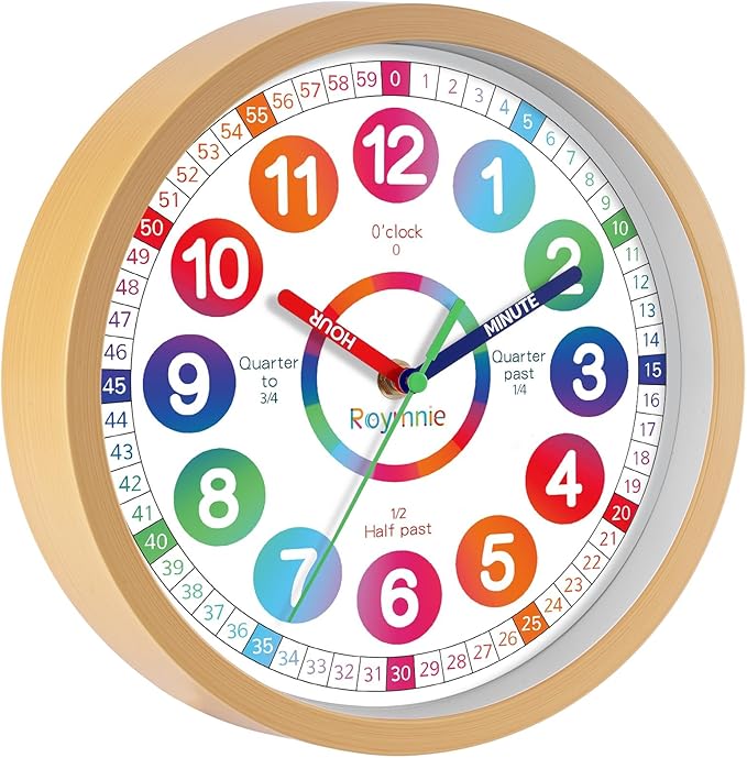 Learning Clock for Kids Telling Time Silent Non Ticking Battery Operated Colorful Teaching Time Clock Decorative for Kids Room Classroom School Playroom (10 Inch)