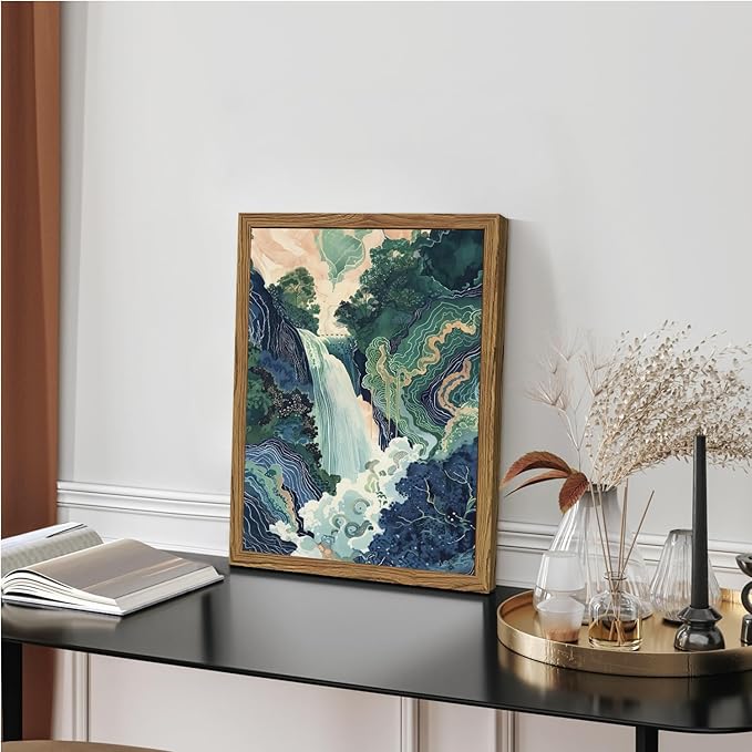 Framed Japanese Waterfall Canvas Wall Art, Abstract Landscape Wall Decor Paintings, Blue Green Nature Mountain Pictures Prints Zen Aesthetics Home Decor for Living Room Bedroom Bathroom 16x24 inch