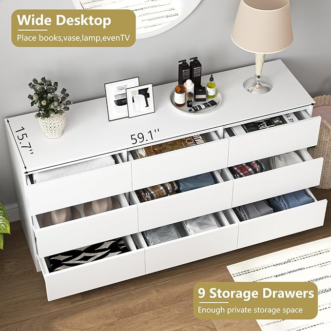 White Dresser for Bedroom, Long 9 Drawer Dresser with Deep Drawer,Modern Wide Wood Storage Chest of Drawer, Bedroom Storage Furniture,TV Stand for Living Room