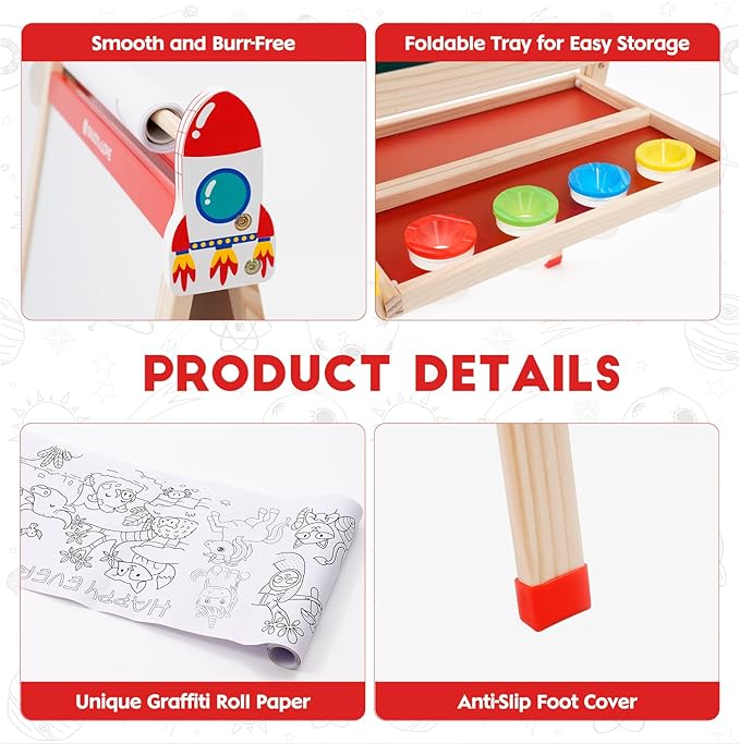 Wooden Art Easel for Kids Ages 2-12,Double-Sided Chalkboard & Whiteboard with Paper Roll,Folding Storage Tray,Gift for Boys & Girls
