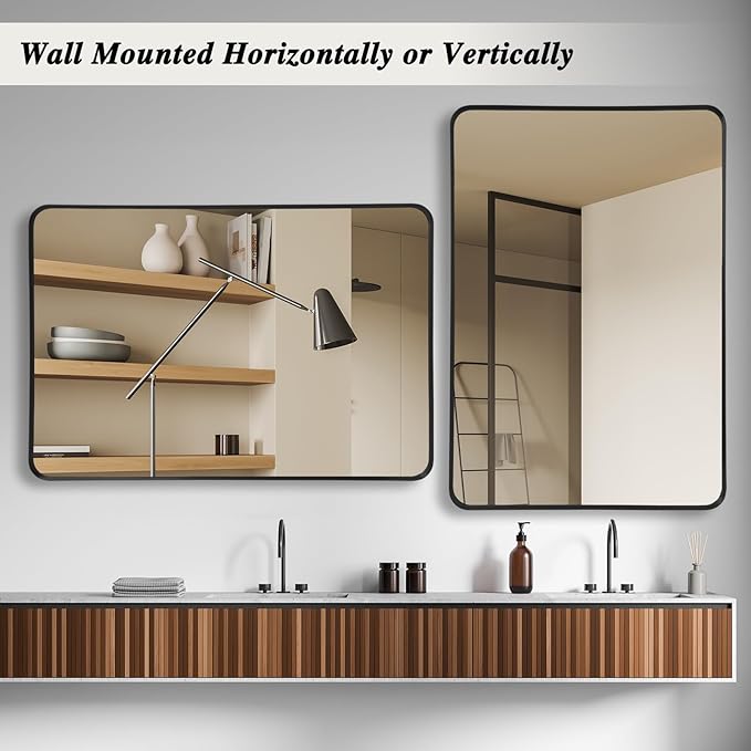 Wall Mirror 30" x 48" for Bathroom Black Metal Deep Frame Mirror for Wall Decorative Rectangular Round Corner Wall Mounted Vanity Mirror for Bedroom Living Room Entryway Wall Decor