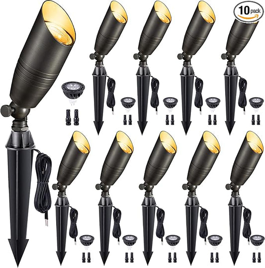Low Voltage Spotlight LED - 12V Outdoor Light Fixture Weather Proof, Brass Landscape Lights Hardwired, Bronze for Flag Sign with Neutral White MR16 Removable Bulbs (10 Pack)
