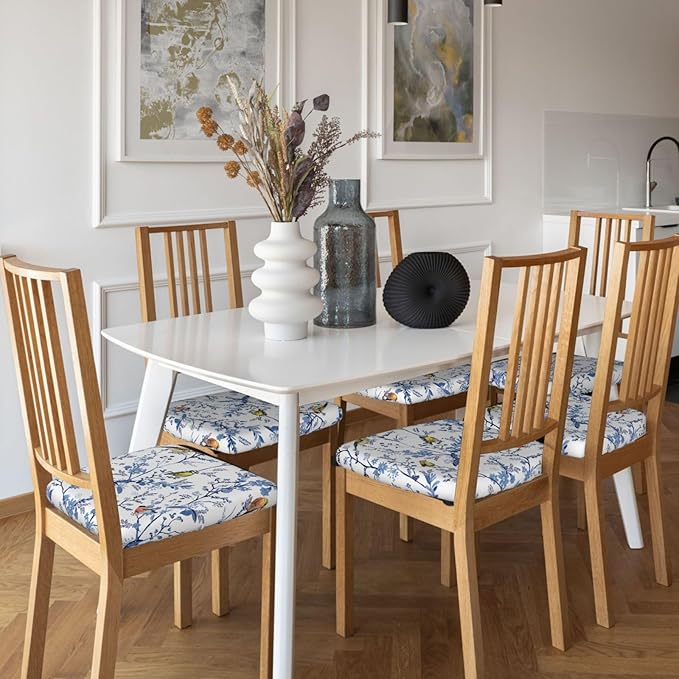 Seat Covers for Dining Room Chairsset of Set of 4, Floral Navy Blue Bird White Spring Flower Stretch Chair Seat Covers Cushion Slipcovers for Kitchen Office