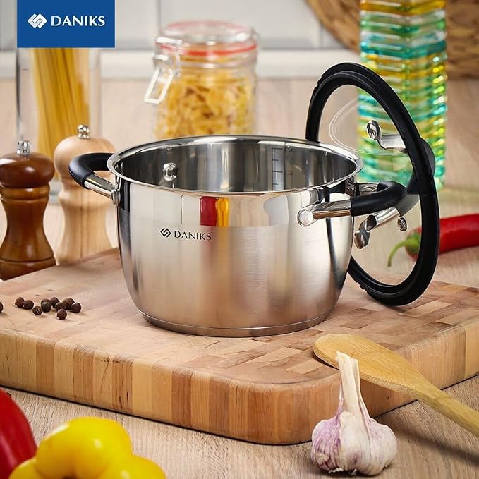 Daniks Orlando 10-Piece Stainless Steel Induction Cookware Set – Dishwasher Safe Saucepan, Pots with Heatproof Handles, Glass Lids, Measuring Scale, Silver