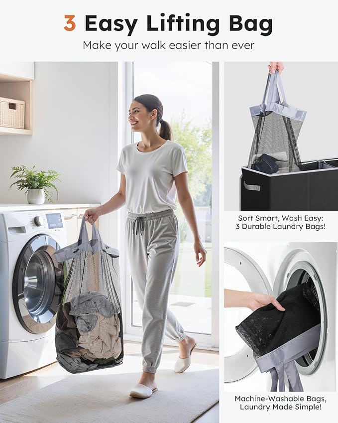 SOLEDI 160L Laundry Hamper 3 Section, Extra Large Laundry Hamper with Lid, Dirty Clothes Hamper with Sturdy Handle, Large Laundry Basket Organizer for Laundry Room, Bedroom, Hampers for Laundry